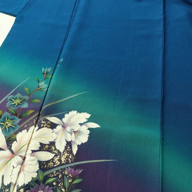 振袖 縮緬 正絹 花柄 袷仕立て 身丈172.5cm 裄丈70cm 箔 金彩 フォーマル 二十歳 着物 青・紺_画像5