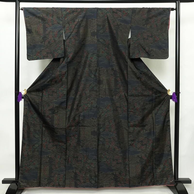 大島紬 良品 しつけ糸付き 正絹 証紙なし 風景柄 袷仕立て 身丈164cm 裄丈65cm 着物 多色使い_画像1