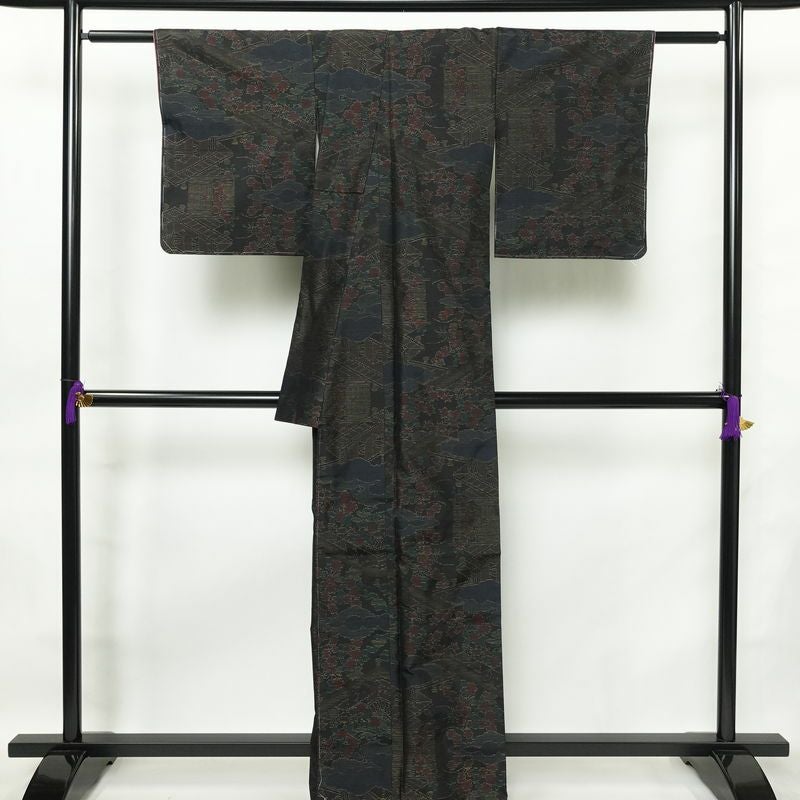 大島紬 良品 しつけ糸付き 正絹 証紙なし 風景柄 袷仕立て 身丈164cm 裄丈65cm 着物 多色使い_画像2