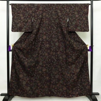 小紋 良品 紬地 正絹 木の葉・植物柄 袷仕立て 身丈161.5cm 裄丈66cm 着物 小豆・エンジ