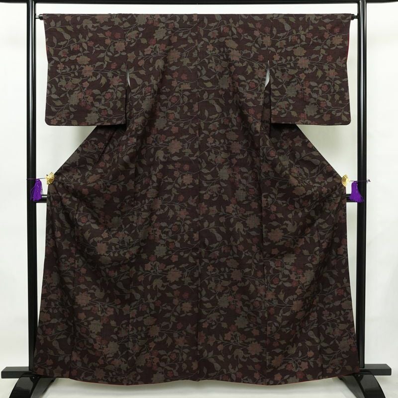 小紋 良品 紬地 正絹 木の葉・植物柄 袷仕立て 身丈161.5cm 裄丈66cm 着物 小豆・エンジ_画像1