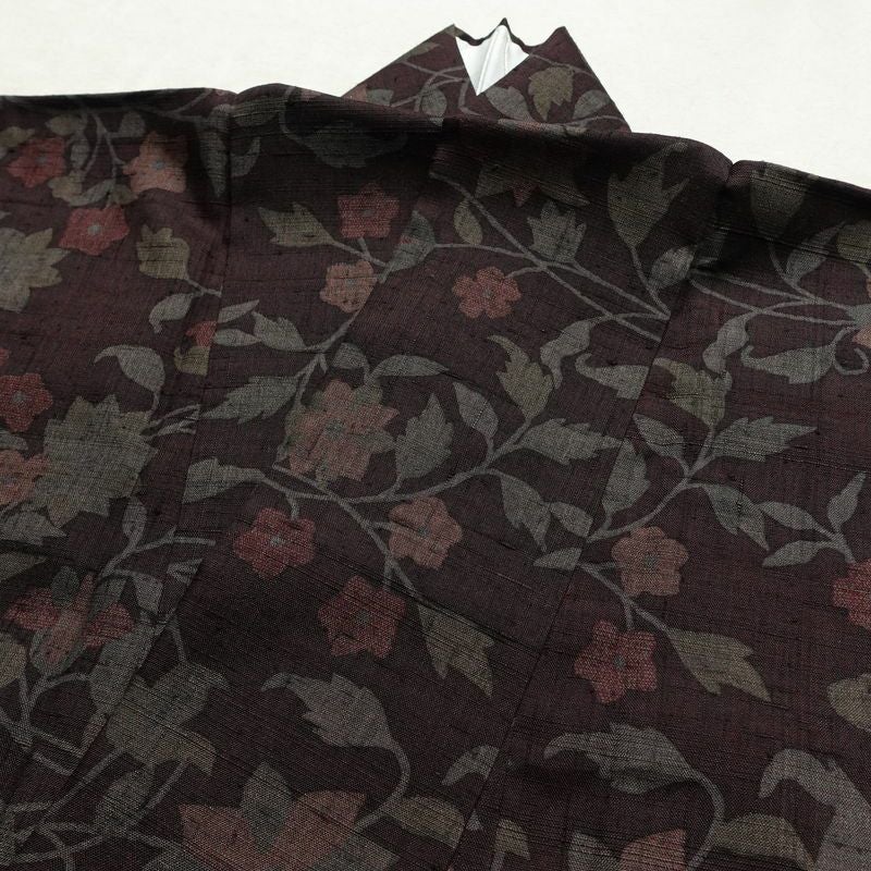 小紋 良品 紬地 正絹 木の葉・植物柄 袷仕立て 身丈161.5cm 裄丈66cm 着物 小豆・エンジ_画像16