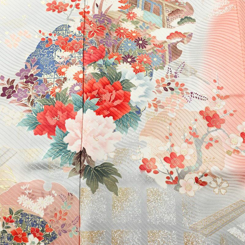 振袖 良品 正絹 花柄 袷仕立て 身丈155.5cm 裄丈65cm 箔 金彩 フォーマル 着物 ピンク_画像6