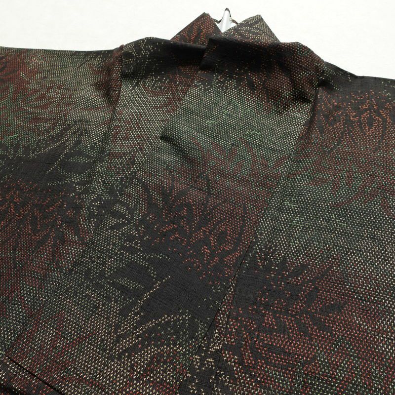 紬 美品 しつけ糸付き 正絹 木の葉・植物柄 袷仕立て 身丈158cm 裄丈66cm 着物 緑・うぐいす色_画像16