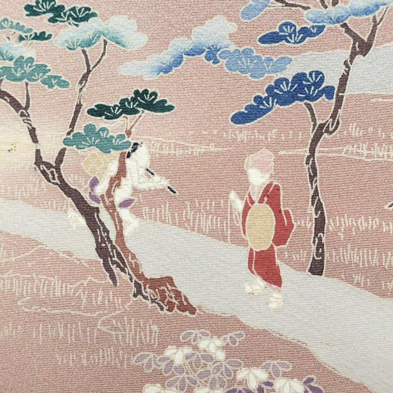 訪問着 良品 縮緬 正絹 風景柄 袷仕立て 身丈165cm 裄丈67.5cm 箔 一部しつけ糸付き フォーマル 着物 くすみピンク ピンク_画像14