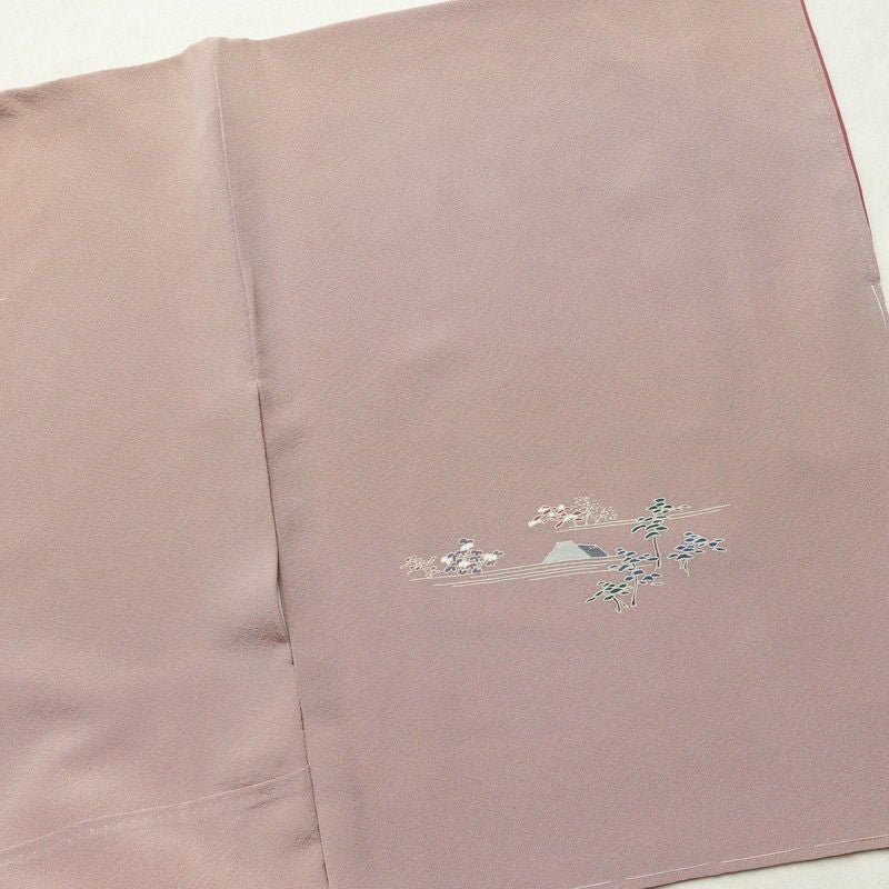 訪問着 良品 縮緬 正絹 風景柄 袷仕立て 身丈165cm 裄丈67.5cm 箔 一部しつけ糸付き フォーマル 着物 くすみピンク ピンク_画像15