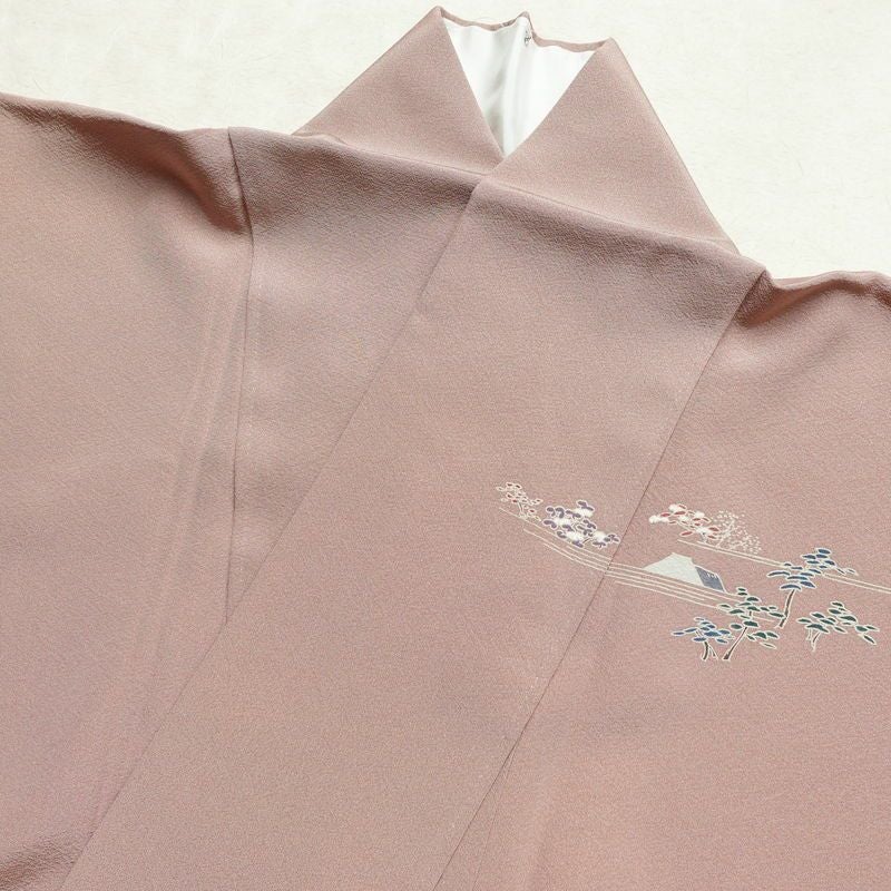 訪問着 良品 縮緬 正絹 風景柄 袷仕立て 身丈165cm 裄丈67.5cm 箔 一部しつけ糸付き フォーマル 着物 くすみピンク ピンク_画像17