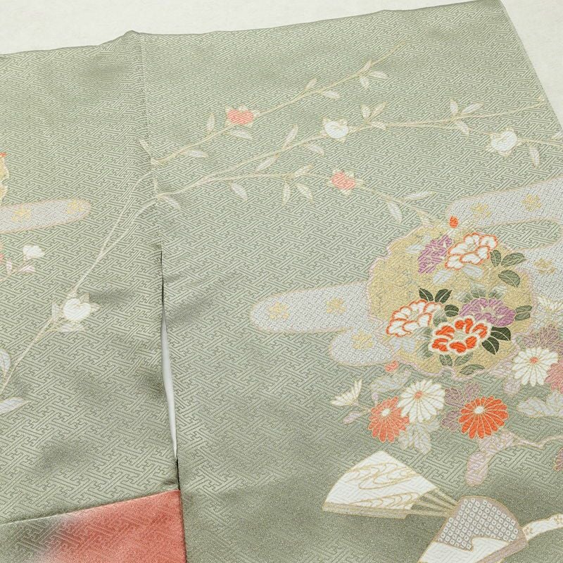 訪問着 美品 金駒刺繍 綸子 正絹 古典柄 袷仕立て 身丈155cm 裄丈63cm 箔 共八掛 金彩 フォーマル 着物 緑・うぐいす色_画像14
