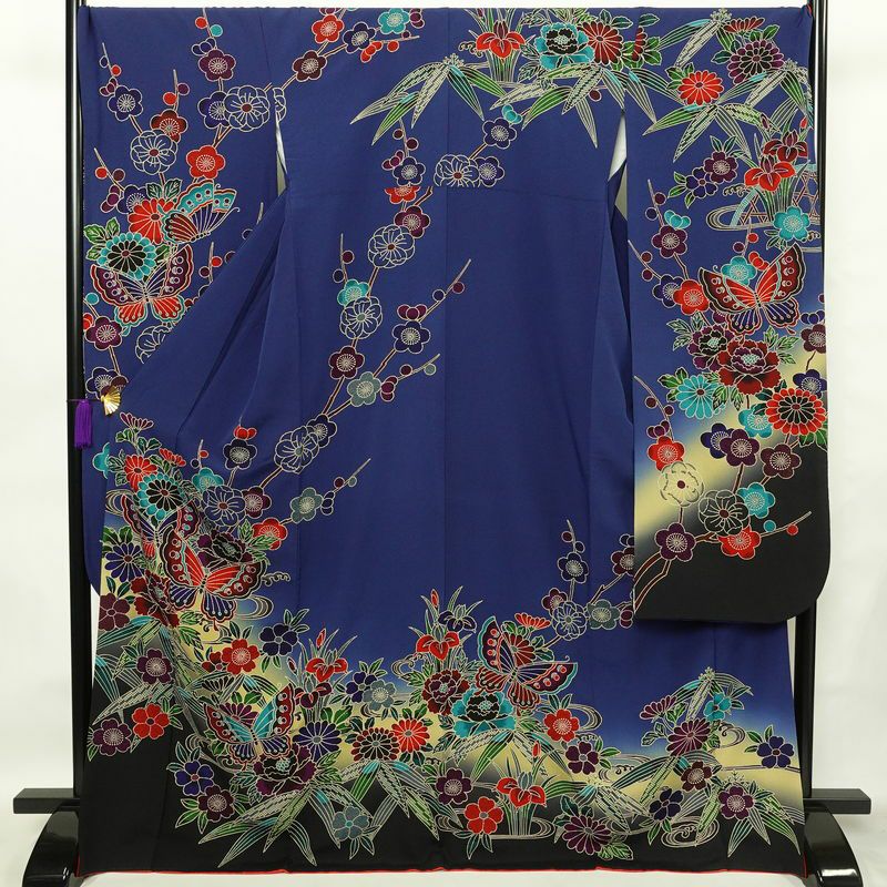 振袖 良品 縮緬 正絹 花柄 袷仕立て 身丈171cm 裄丈73cm フォーマル 蝶