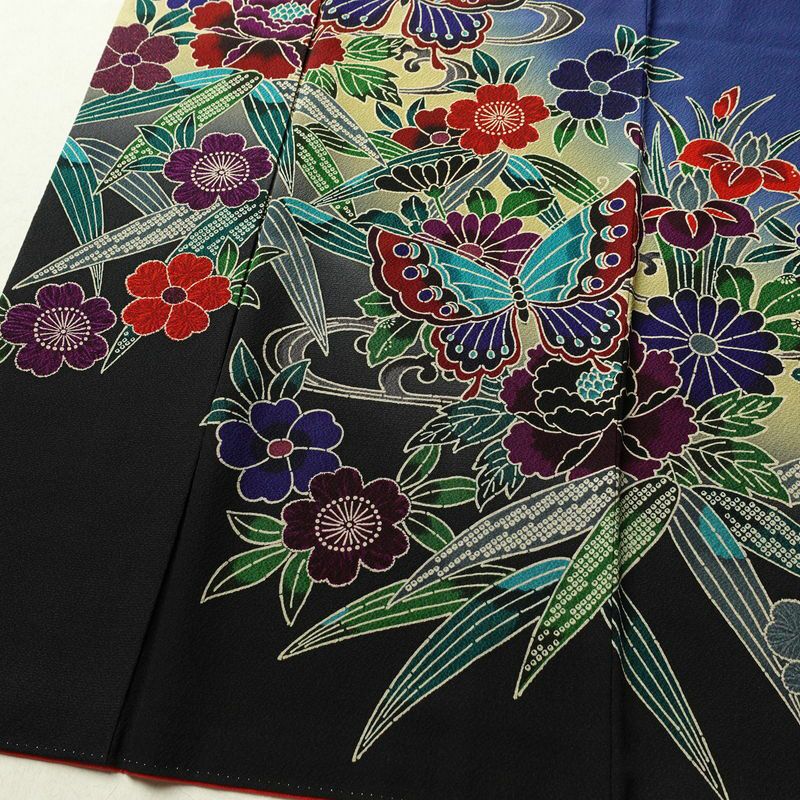 振袖 良品 縮緬 正絹 花柄 袷仕立て 身丈171cm 裄丈73cm フォーマル 蝶 着物 青・紺_画像4