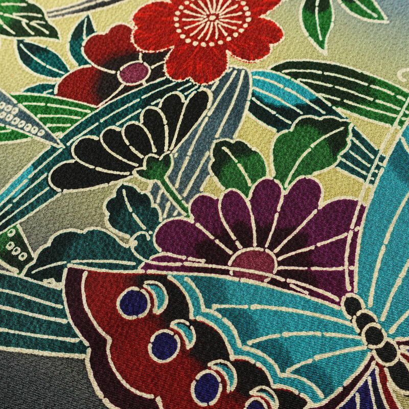 振袖 良品 縮緬 正絹 花柄 袷仕立て 身丈171cm 裄丈73cm フォーマル 蝶 着物 青・紺_画像11