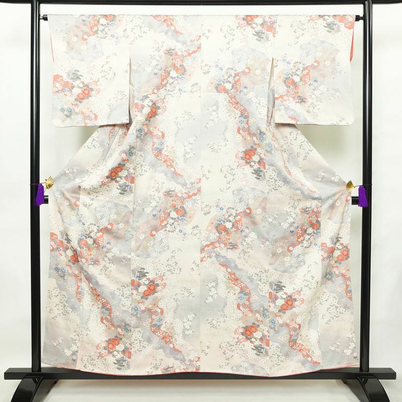 小紋 良品 正絹 花柄 袷仕立て 身丈156cm 裄丈64.5cm 箔 ピンク_画像1