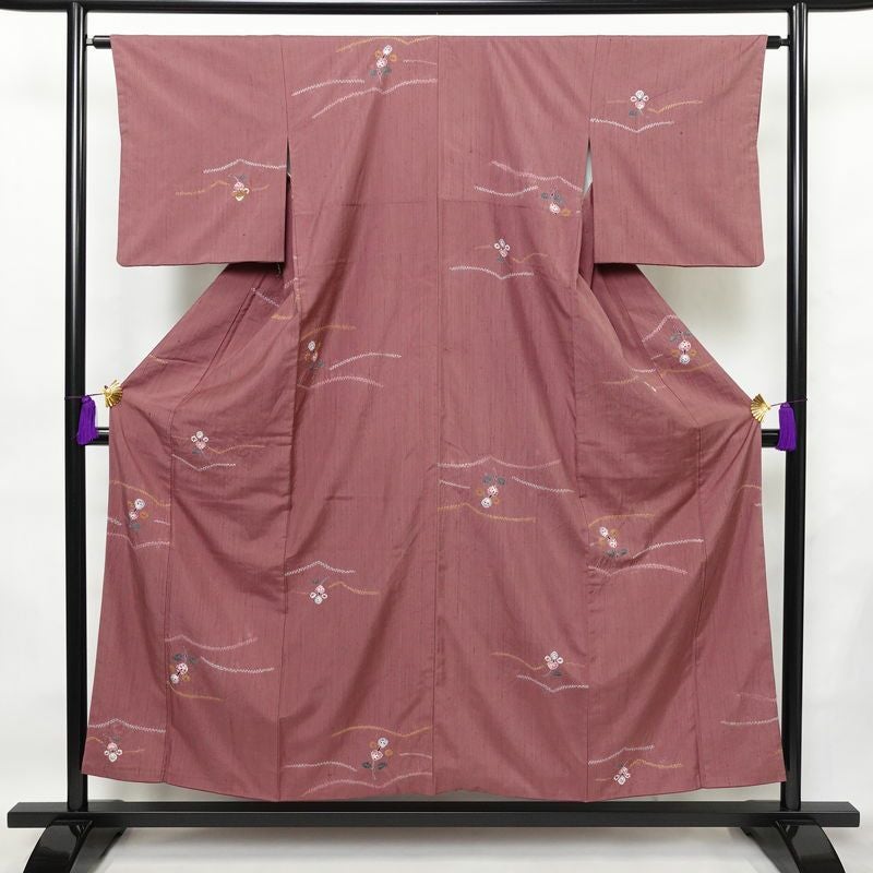 小紋 良品 紬地 絞り 正絹 幾何学柄・抽象柄 袷仕立て 身丈154.5cm 裄丈64cm 着物 紫・藤色_画像1