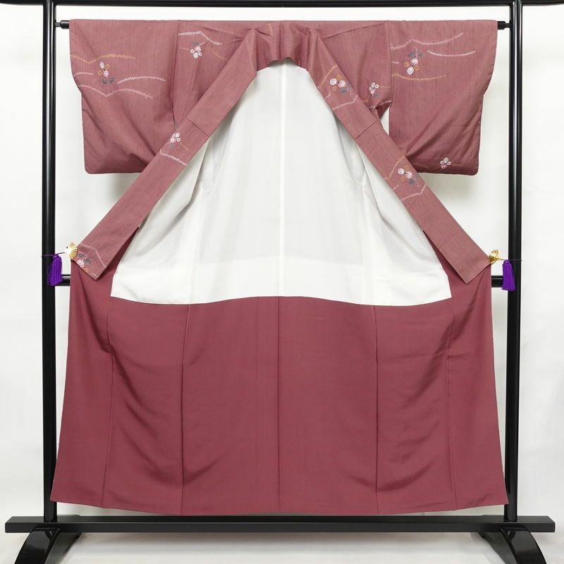 小紋 良品 紬地 絞り 正絹 幾何学柄・抽象柄 袷仕立て 身丈154.5cm 裄丈64cm 着物 紫・藤色_画像3