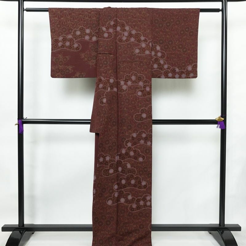 訪問着 良品 一つ紋付き 正絹 花柄 袷仕立て 身丈165cm 裄丈65cm 金彩 フォーマル 着物 小豆・エンジ_画像2