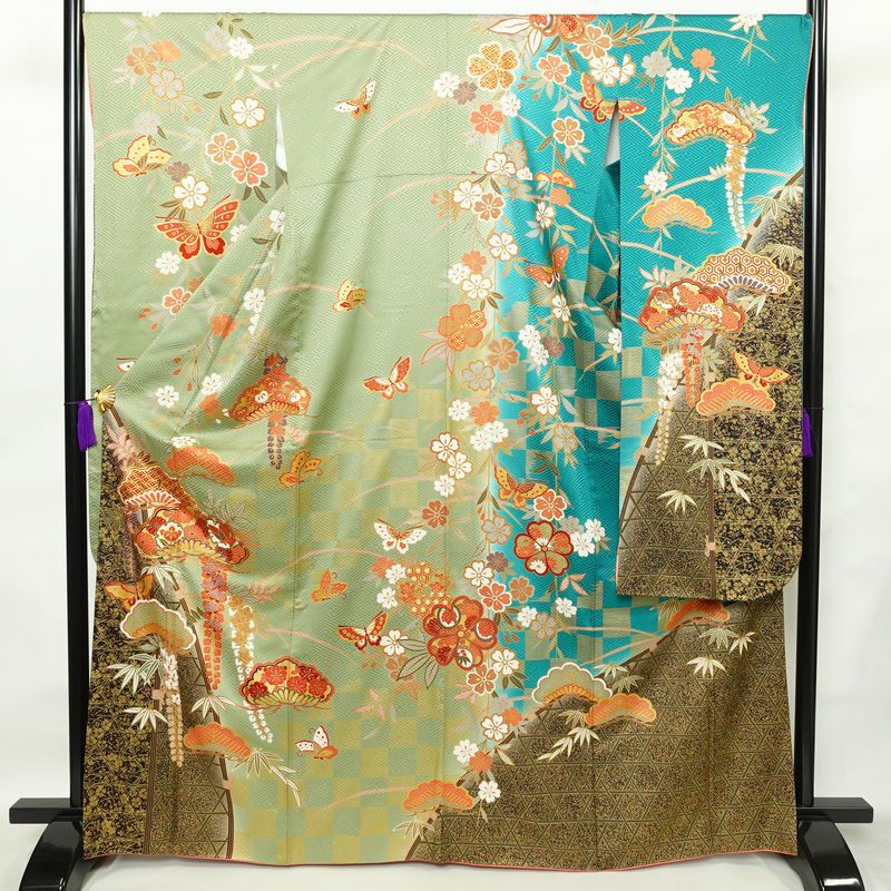 振袖 長襦袢セット 良品 金駒刺繍 正絹 古典柄 蝶 金彩 袷仕立て 身丈