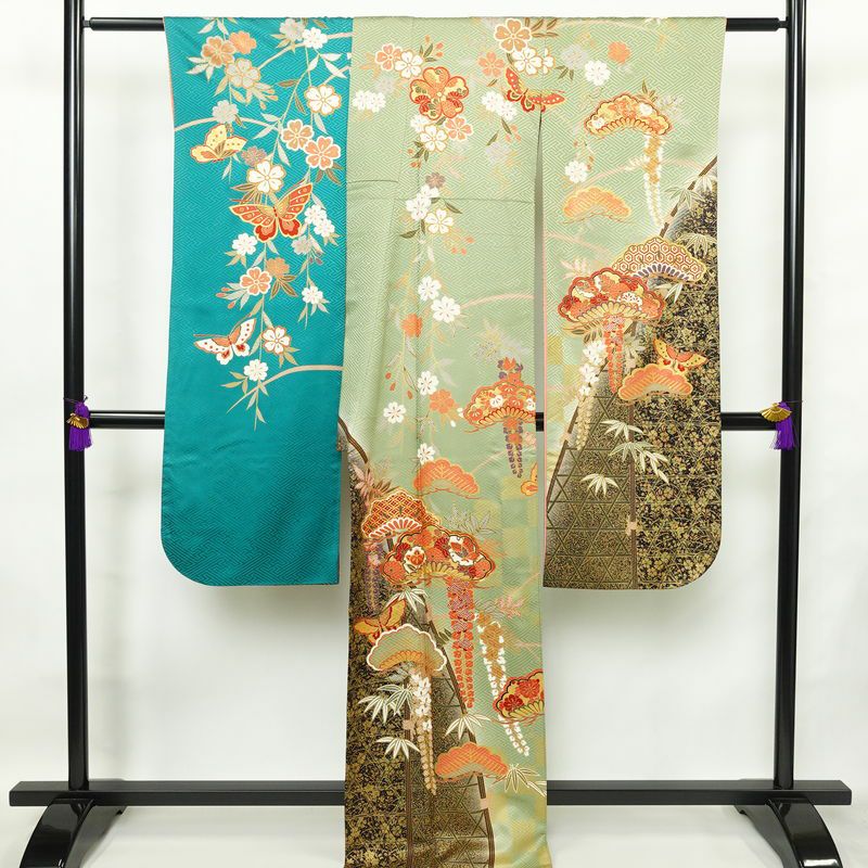 振袖 良品 金駒刺繍 セット品 長襦袢 正絹 古典柄 袷仕立て 身丈166.5cm 裄丈69cm 箔 フォーマル 着物 松 蝶 緑・うぐいす色_画像2
