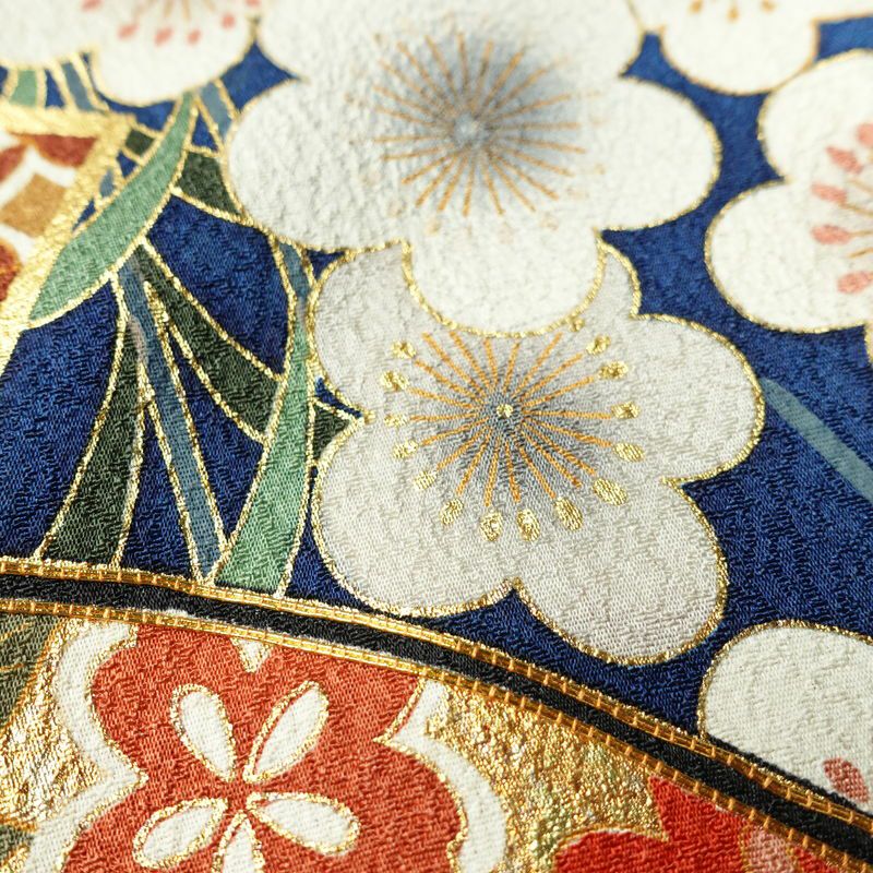 振袖 良品 金駒刺繍 正絹 古典柄 袷仕立て 身丈162cm 裄丈65.5cm 箔 金彩 梅 フォーマル 着物 青・紺_画像8