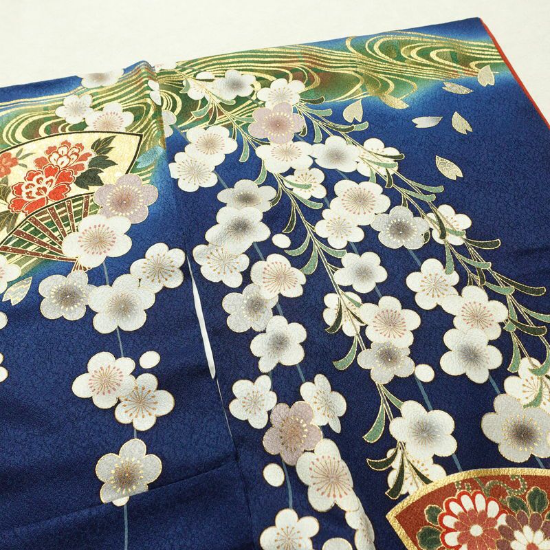 振袖 良品 金駒刺繍 正絹 古典柄 袷仕立て 身丈162cm 裄丈65.5cm 箔 金彩 梅 フォーマル 着物 青・紺_画像15