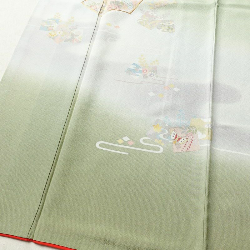 付け下げ 良品 落款入り 金駒刺繍 縮緬 正絹 古典柄 袷仕立て 身丈163cm 裄丈66cm 箔 一部しつけ糸付き フォーマル 着物 緑・うぐいす色_画像4