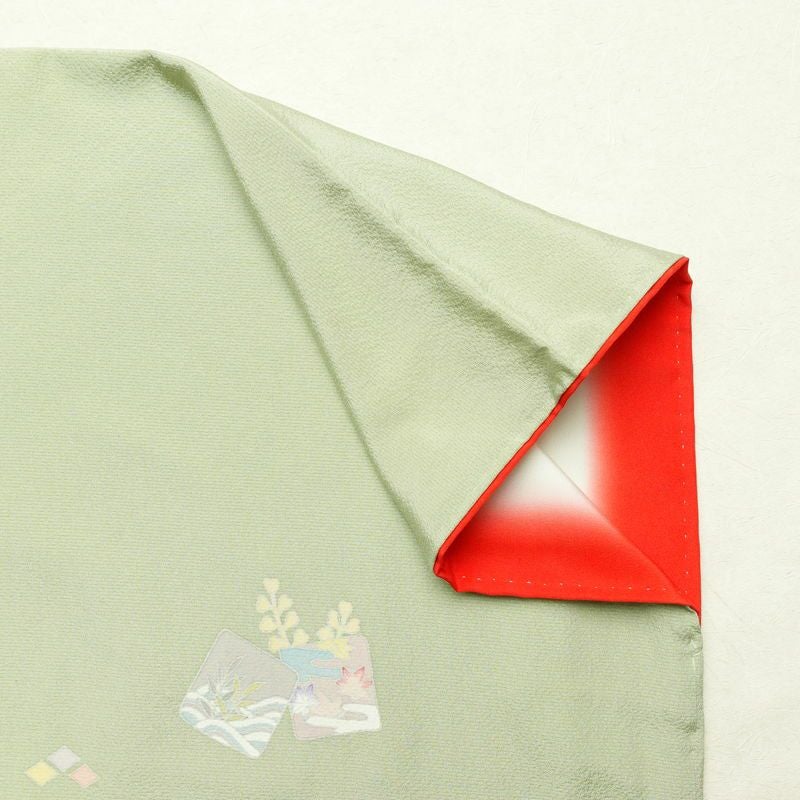 付け下げ 良品 落款入り 金駒刺繍 縮緬 正絹 古典柄 袷仕立て 身丈163cm 裄丈66cm 箔 一部しつけ糸付き フォーマル 着物 緑・うぐいす色_画像17