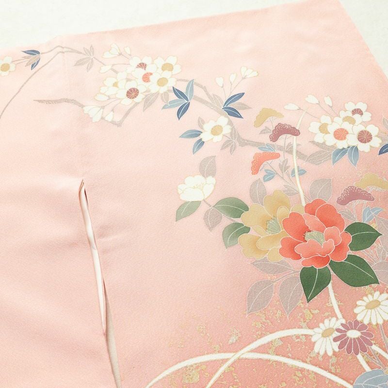 訪問着 良品 縮緬 正絹 花柄 袷仕立て 身丈162.5cm 裄丈66.5cm 金彩 フォーマル 着物 ピンク_画像15
