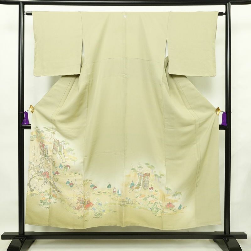 色留袖 良品 葉月物語絵巻 しつけ糸付き 一つ紋付き 正絹 人物・動物柄 袷仕立て 身丈151.5cm 裄丈63.5cm 箔 フォーマル 着物 緑・うぐいす色_画像1