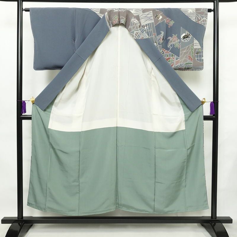 訪問着 良品 落款入り しつけ糸付き 縮緬 正絹 古典柄 袷仕立て 身丈151cm 裄丈63cm 箔 フォーマル 着物 青・紺_画像3