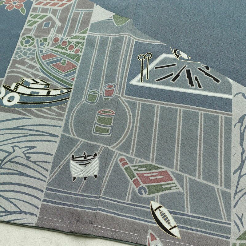 訪問着 良品 落款入り しつけ糸付き 縮緬 正絹 古典柄 袷仕立て 身丈151cm 裄丈63cm 箔 フォーマル 着物 青・紺_画像11