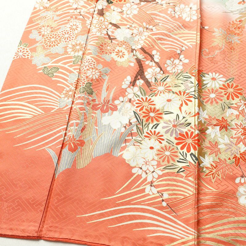 振袖 良品 正絹 木の葉・植物柄 袷仕立て 身丈163.5cm 裄丈69cm 箔 金彩 フォーマル 着物 緑・うぐいす色_画像4