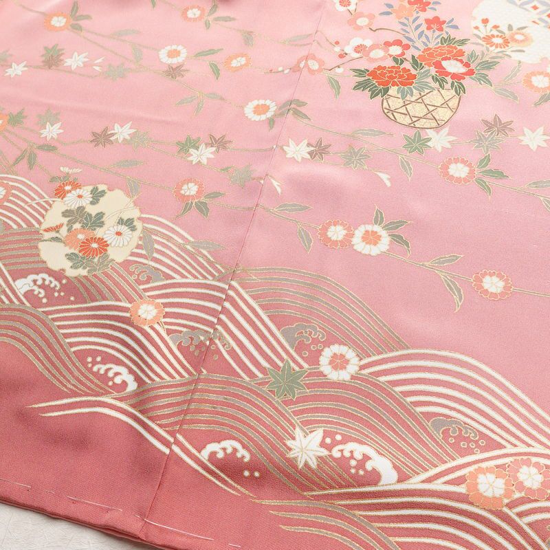 訪問着 美品 しつけ糸付き 正絹 古典柄 袷仕立て 身丈161cm 裄丈63cm 箔 金彩 菊 フォーマル 着物 ピンク_画像13