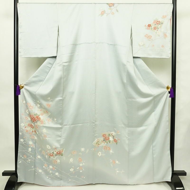 訪問着 美品 綸子 花柄 袷仕立て 身丈166.5cm 裄丈69.5cm 箔 一部しつけ糸付き フォーマル 着物 青・紺_画像1