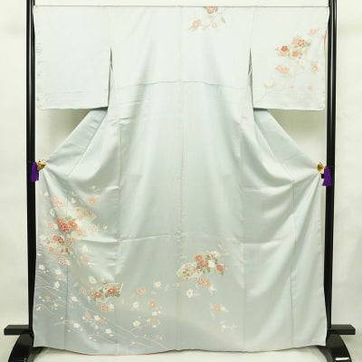 訪問着 美品 綸子 花柄 袷仕立て 身丈166.5cm 裄丈69.5cm 箔 一部しつけ糸付き フォーマル 着物 青・紺