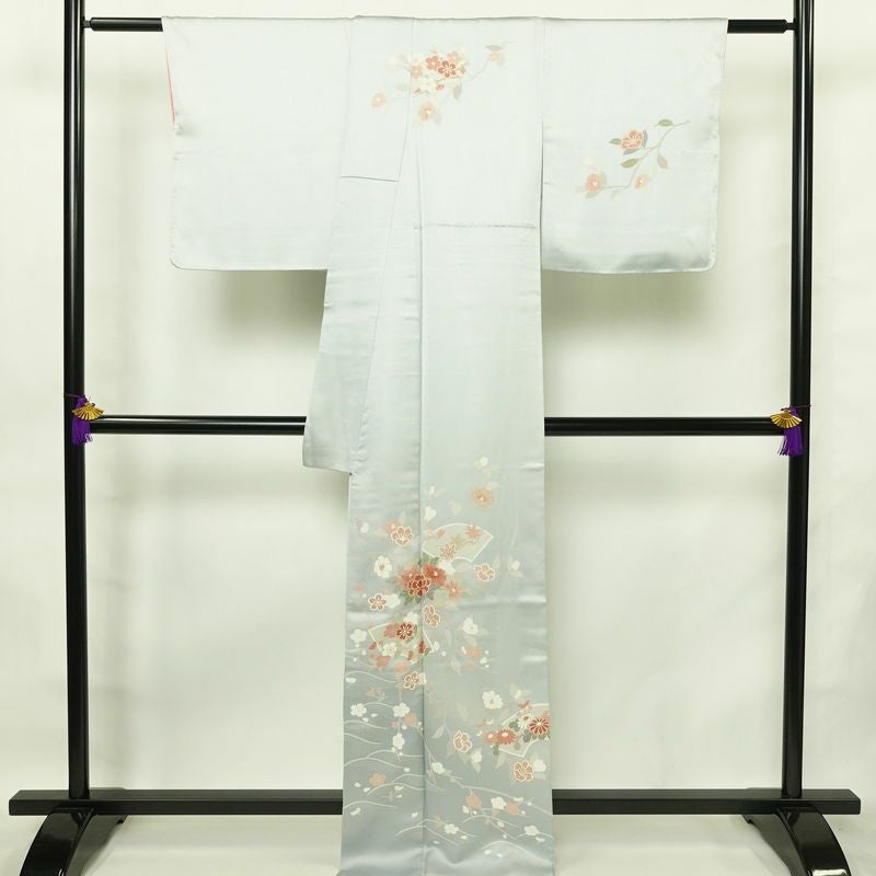 訪問着 美品 綸子 花柄 袷仕立て 身丈166.5cm 裄丈69.5cm 箔 一部しつけ糸付き フォーマル 着物 青・紺_画像2