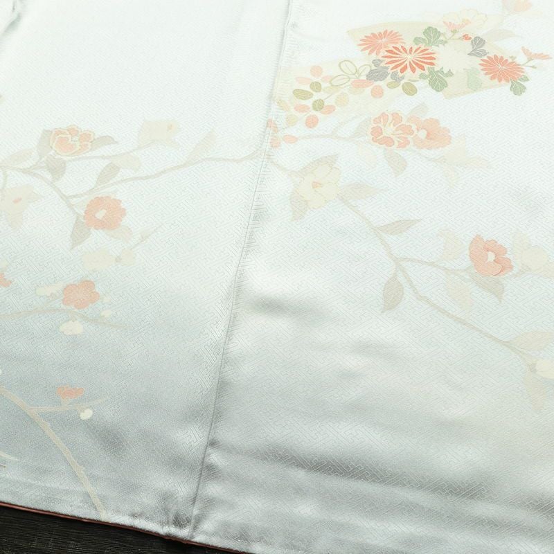 訪問着 美品 綸子 花柄 袷仕立て 身丈166.5cm 裄丈69.5cm 箔 一部しつけ糸付き フォーマル 着物 青・紺_画像14