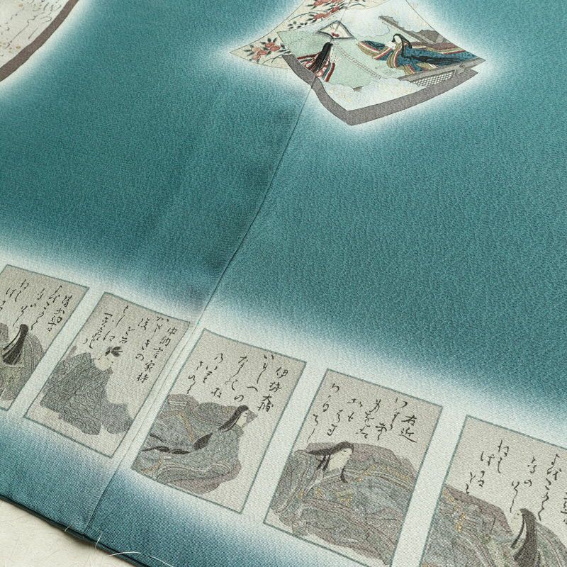 付け下げ 美品 しつけ糸付き 縮緬 正絹 人物・動物柄 袷仕立て 身丈161cm 裄丈64cm 箔 共八掛 フォーマル 着物 緑・うぐいす色_画像14