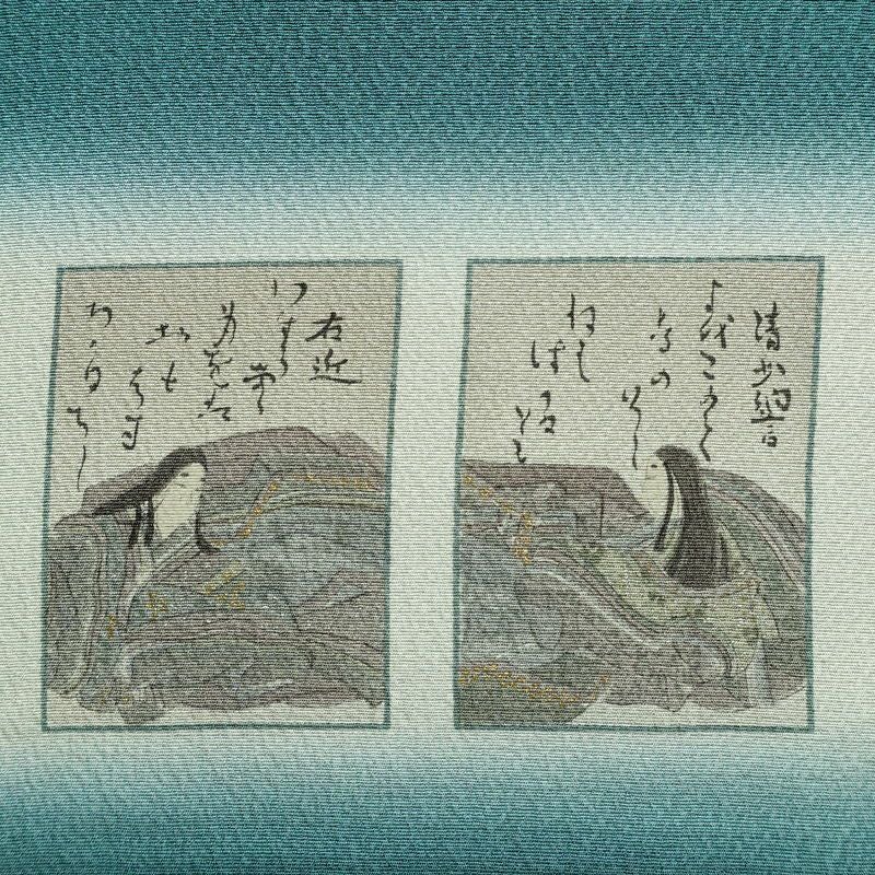 付け下げ 美品 しつけ糸付き 縮緬 正絹 人物・動物柄 袷仕立て 身丈161cm 裄丈64cm 箔 共八掛 フォーマル 着物 緑・うぐいす色_画像15