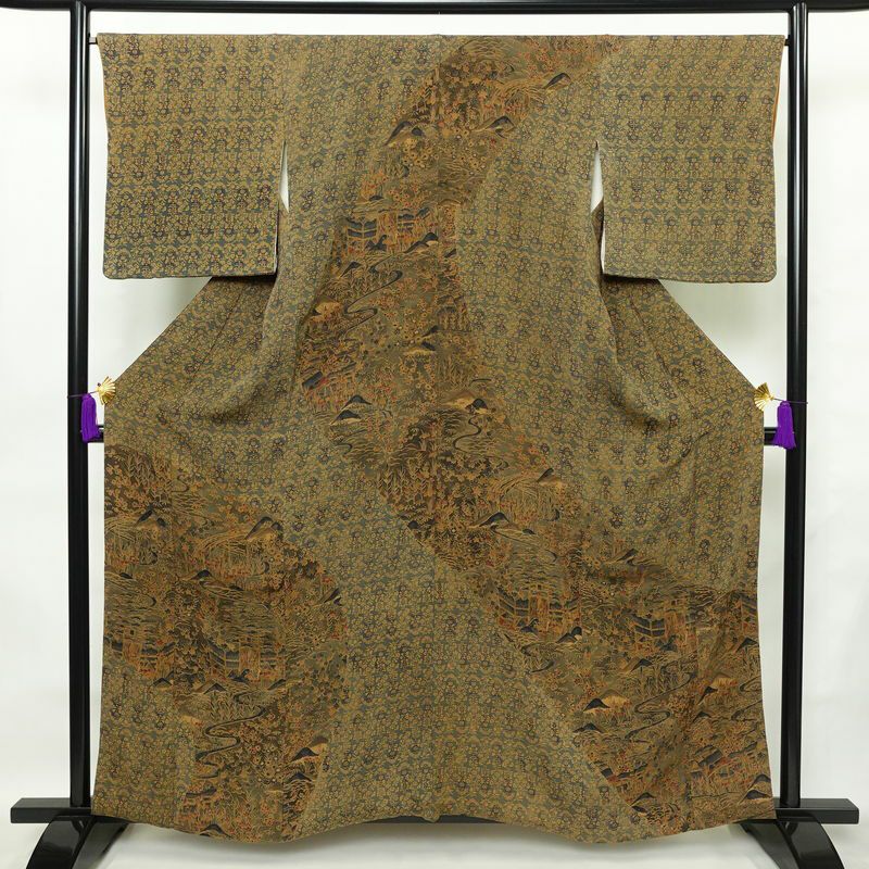 小紋 良品 縮緬 付下小紋 正絹 風景柄 袷仕立て 身丈160.5cm 裄丈67.5cm 着物 茶_画像1