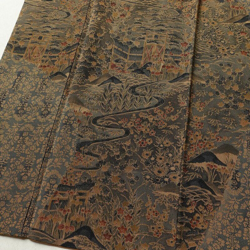 小紋 良品 縮緬 付下小紋 正絹 風景柄 袷仕立て 身丈160.5cm 裄丈67.5cm 着物 茶_画像4