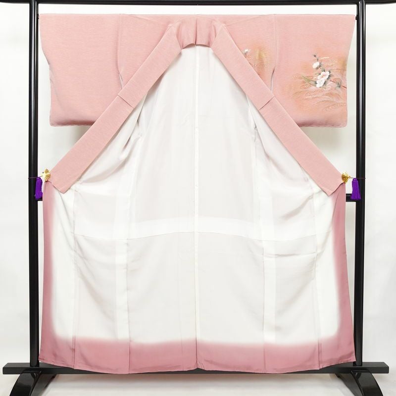 付け下げ しつけ糸付き 正絹 花柄 袷仕立て 身丈157.5cm 裄丈67cm 箔 フォーマル 着物 ピンク_画像3