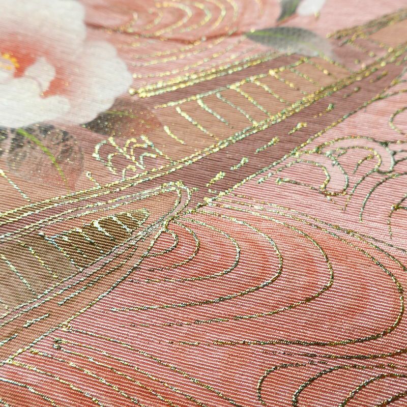 付け下げ しつけ糸付き 正絹 花柄 袷仕立て 身丈157.5cm 裄丈67cm 箔 フォーマル 着物 ピンク_画像9