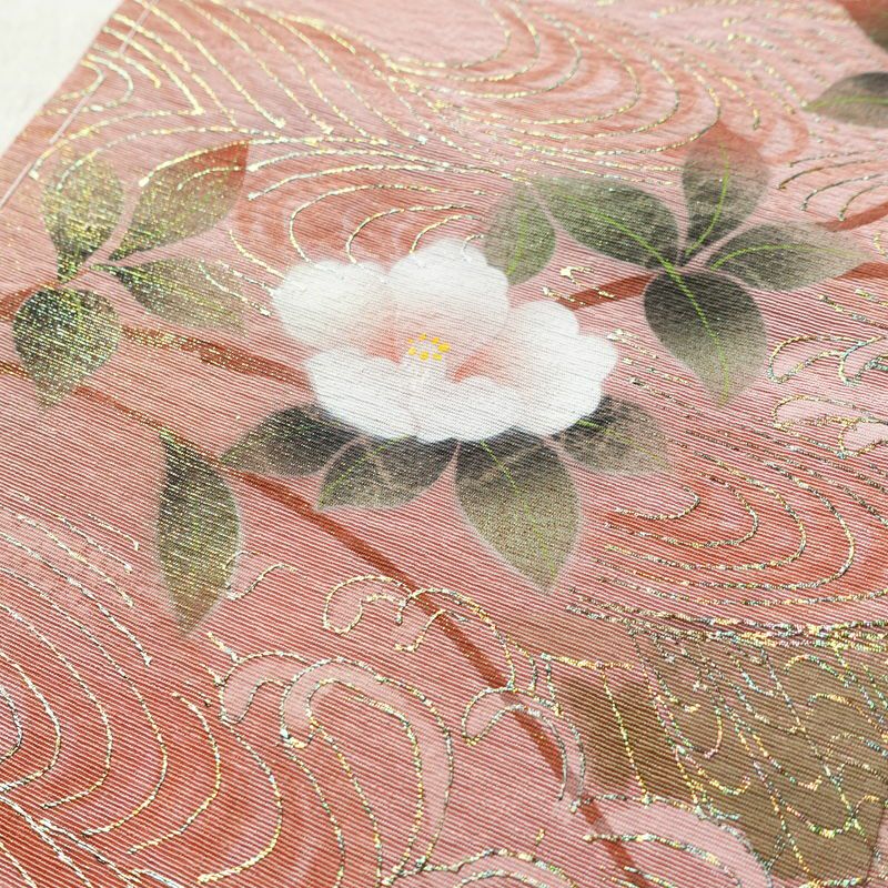 付け下げ しつけ糸付き 正絹 花柄 袷仕立て 身丈157.5cm 裄丈67cm 箔 フォーマル 着物 ピンク_画像10