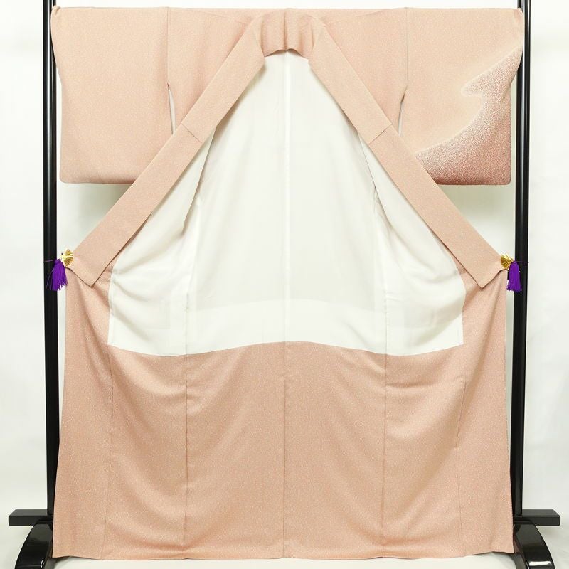 付け下げ 良品 縮緬 正絹 流水・波柄 袷仕立て 身丈169.5cm 裄丈69cm 共八掛 フォーマル 着物 ピンク_画像3