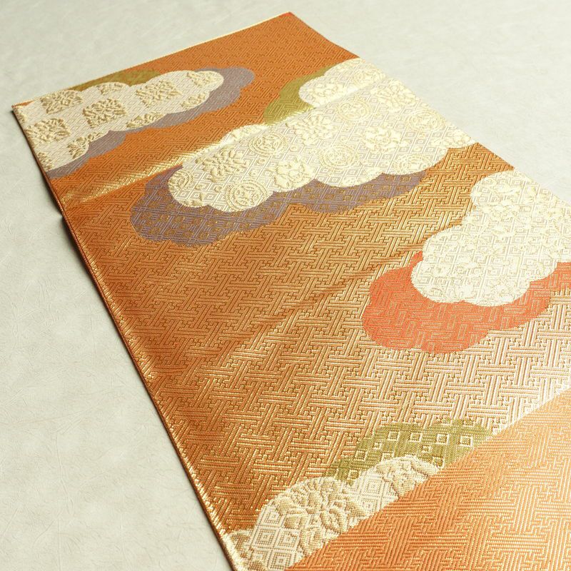 袋帯 六通柄 良品 フォーマル用 正絹 雲柄 箔 帯 橙_画像17