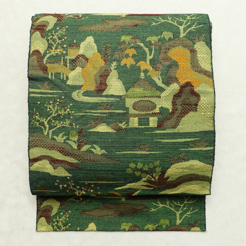 名古屋帯 紬地 六通柄 正絹 風景柄 松葉仕立て 帯 緑・うぐいす色_画像1