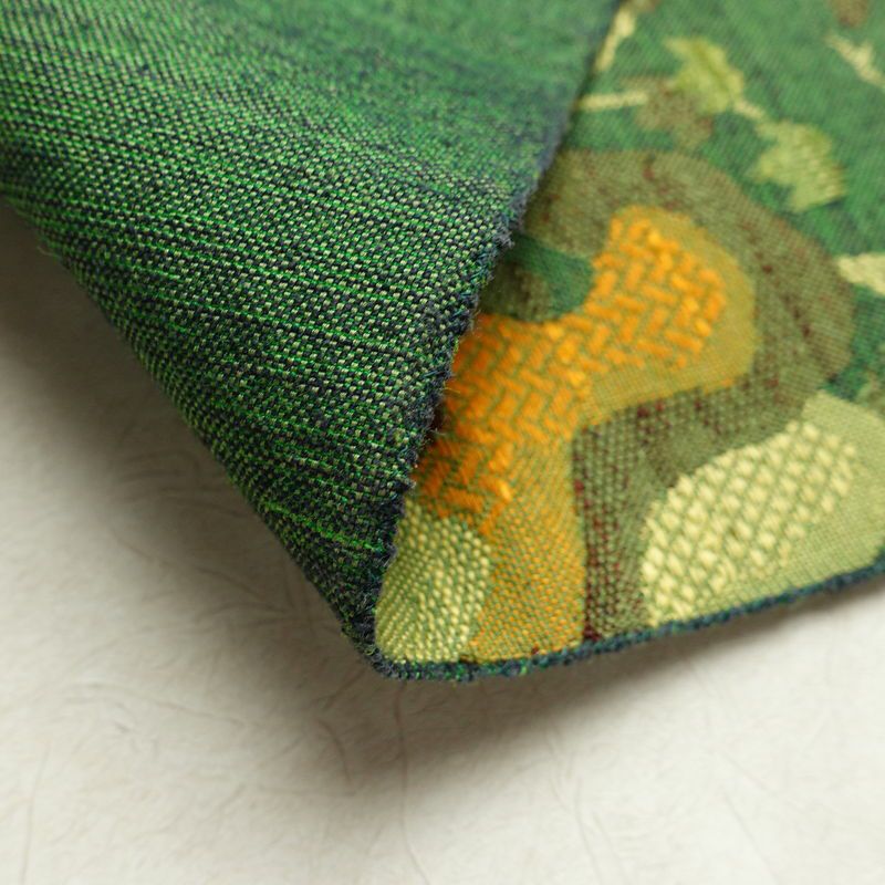 名古屋帯 紬地 六通柄 正絹 風景柄 松葉仕立て 帯 緑・うぐいす色_画像10