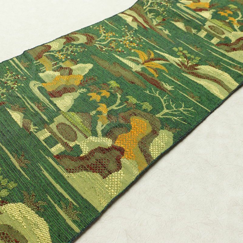 名古屋帯 紬地 六通柄 正絹 風景柄 松葉仕立て 帯 緑・うぐいす色_画像11