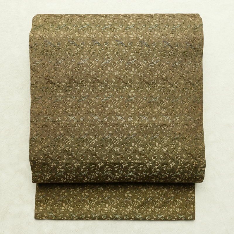 名古屋帯 全通柄 正絹 人物・動物柄 名古屋仕立て 帯 黄・黄土色_画像1