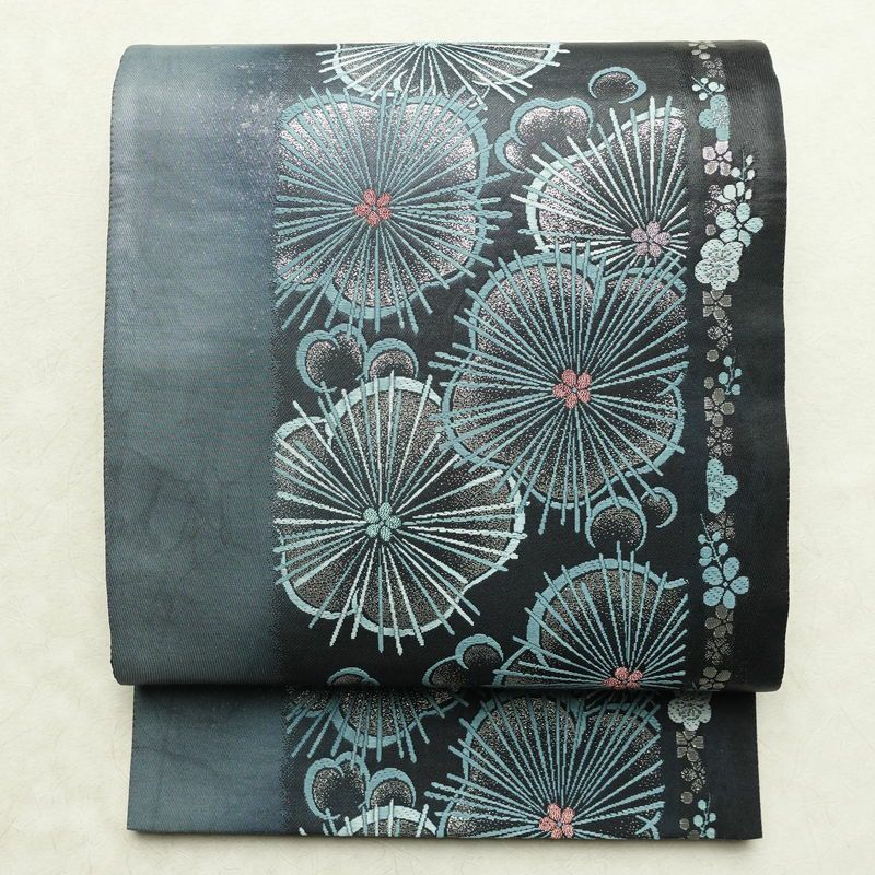 袋帯 六通柄 良品 フォーマル用 正絹 花柄 箔 帯 青・紺_画像1