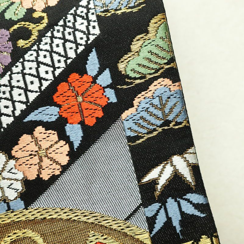 袋帯 六通柄 振袖用 正絹 蝶・昆虫柄 箔 金糸 帯 黒_画像4